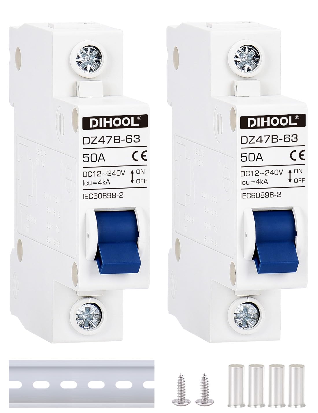 DC Circuit Breaker dz47 1P 50Amp 12V 24V 36V 48V DC MCB Short Circuit Protection Disconnect Switch Isolator for Solar Panel Battery UPS Inverter Photovoltaic PV System