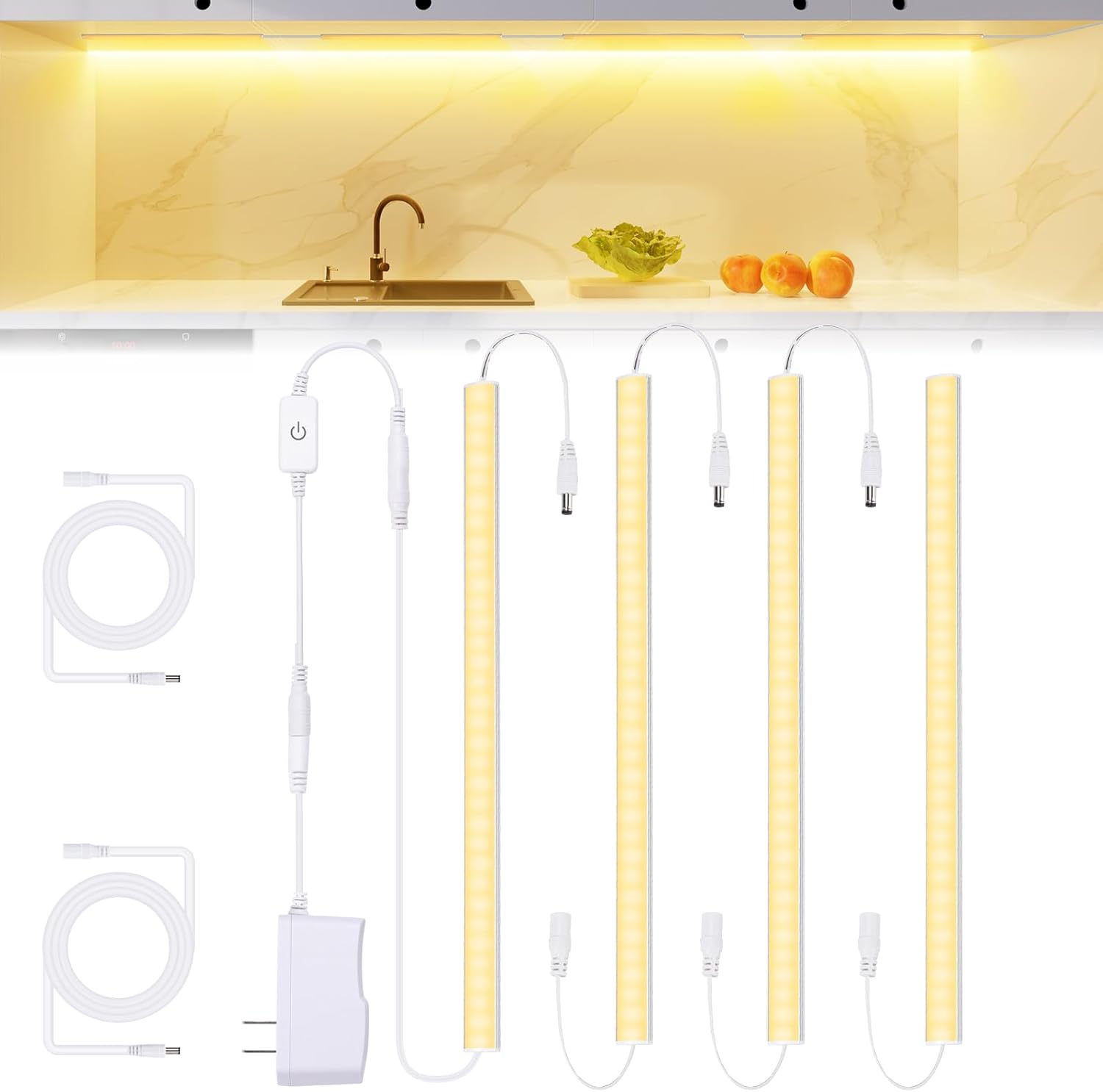 JUSJUBR Under Cabinet Lights Plug-in, 4 Pack x 12inch Warm White 3000K LED Under Cabinet Lighting, Dimmable Under Counter Lights with Memory Function, LED Light Bars for Kitchen Pantry Desk JUSJUBR Under Cabinet Lights Plug-in, 4 Pack x 12inch Warm White 3000K LED Under Cabinet Lighting, Dimmable Under Counter Lights with Memory Function, LED Light Bars for Kitchen Pantry Desk