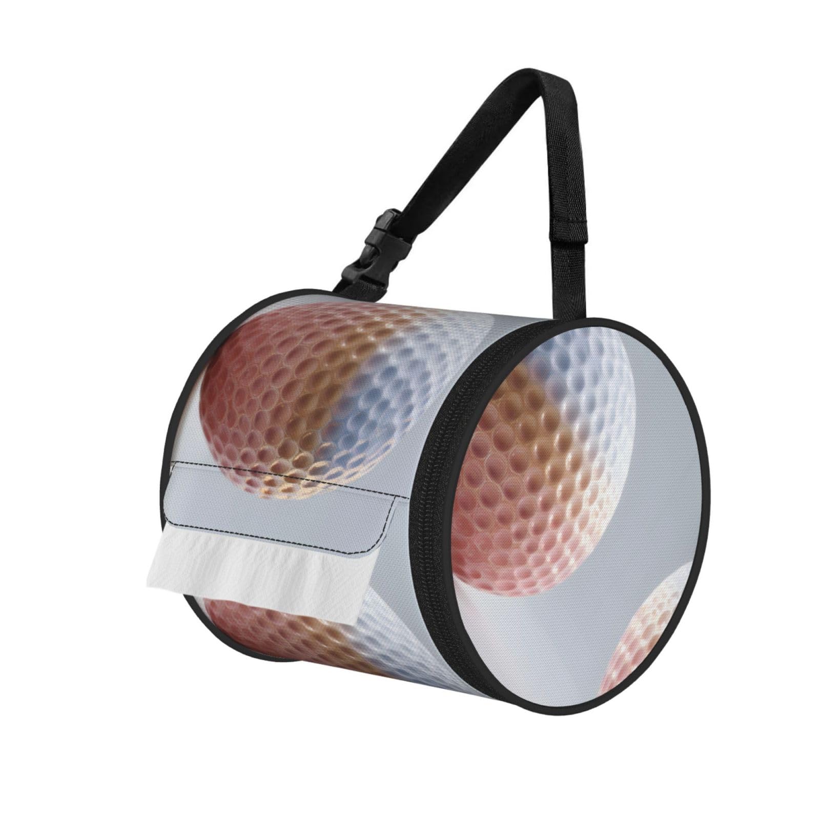 Golf Ball Printed Cylindrical Tissue Bag Portable Oxford Cloth, Foldable Travel Tissue Holder With Zipper And Adjustable Belt