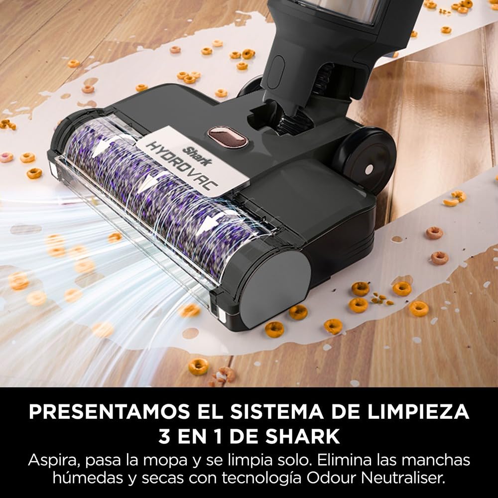 Shark HydroVac Aspiradora Mopa sin Cable para Limpieza en Seco y Húmedo - Aspira, Friega y se Autolimpia - Cepillo Antimicrobiano para Suelos Duros - Gris, WD210EU
