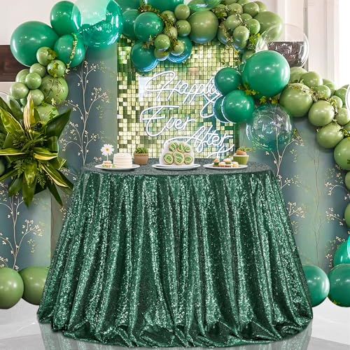Image of B-COOL Round Tablecloth Party Decorations: 132 Inch Table Cloth Emerald Green Large Sequin Fabric Overlay for Indoor Outdoor Dining Parties St. Patrick's Day Graduation