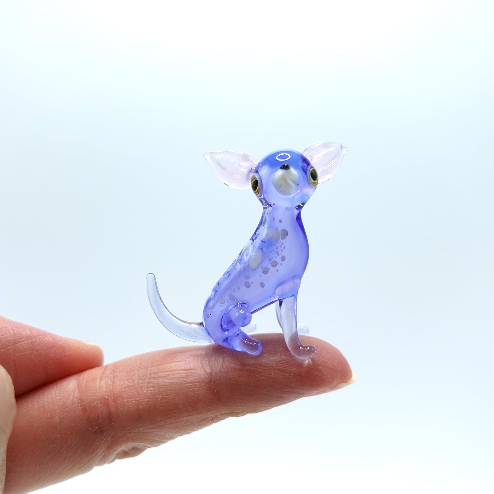 Sansukjai Chihuahua Tiny Micro Figurines Hand Blown Glass Art Animals Collectible Dog-Lover Gift Home Décor (Marble Blue Sit V1)