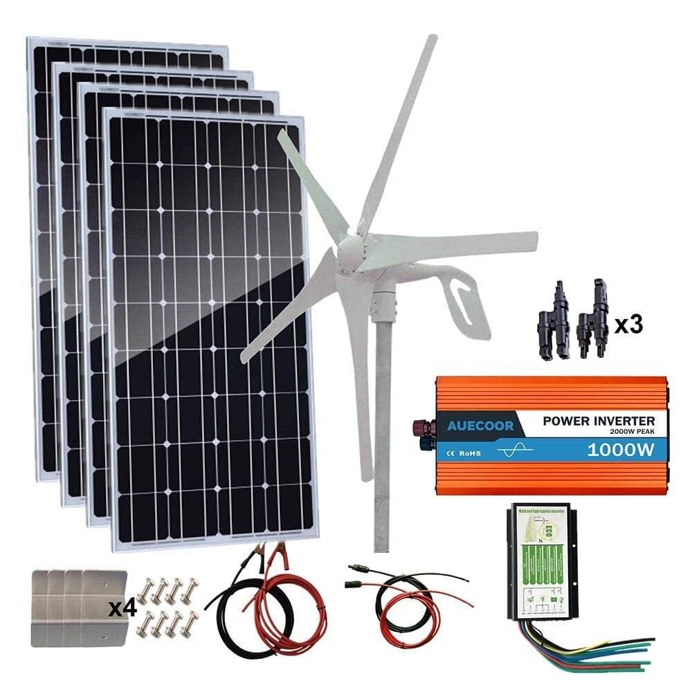Kit ibrido for energia eolica solare Sistema off-grid domestico for la ricarica di batterie 12V 24V: generatore a turbina da 400 W + pannello monocristallino da 500 W + accessorio da 1000 W(800w)