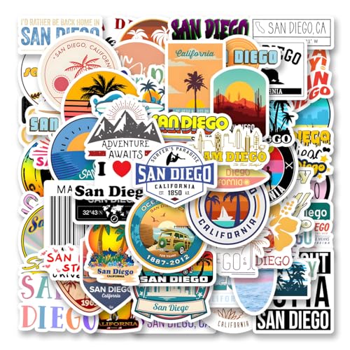 63Pcs California San Diego Stickers San Diego Souvenirs City Travel Sticker Aesthetics Scrapbook Sticker Waterproof Vinyl for Laptop, Water Bottle, Skateboard, Scrapbooking, Party Favors