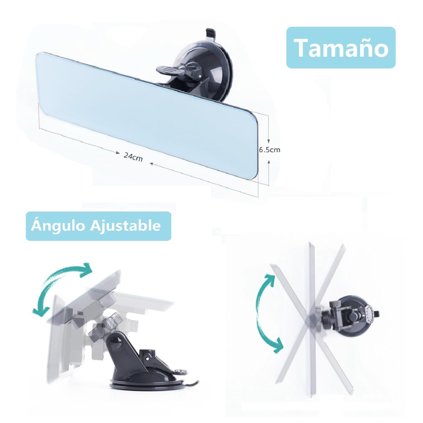 24 * 6,5cm Espejo Retrovisor Cuadrado Antideslumbrante sin Marco con Ventosa, Espejo Azul Universal de Coche, Espejo Plano de Gran Ángular, Eje Cardán con Ángulo Ajustable