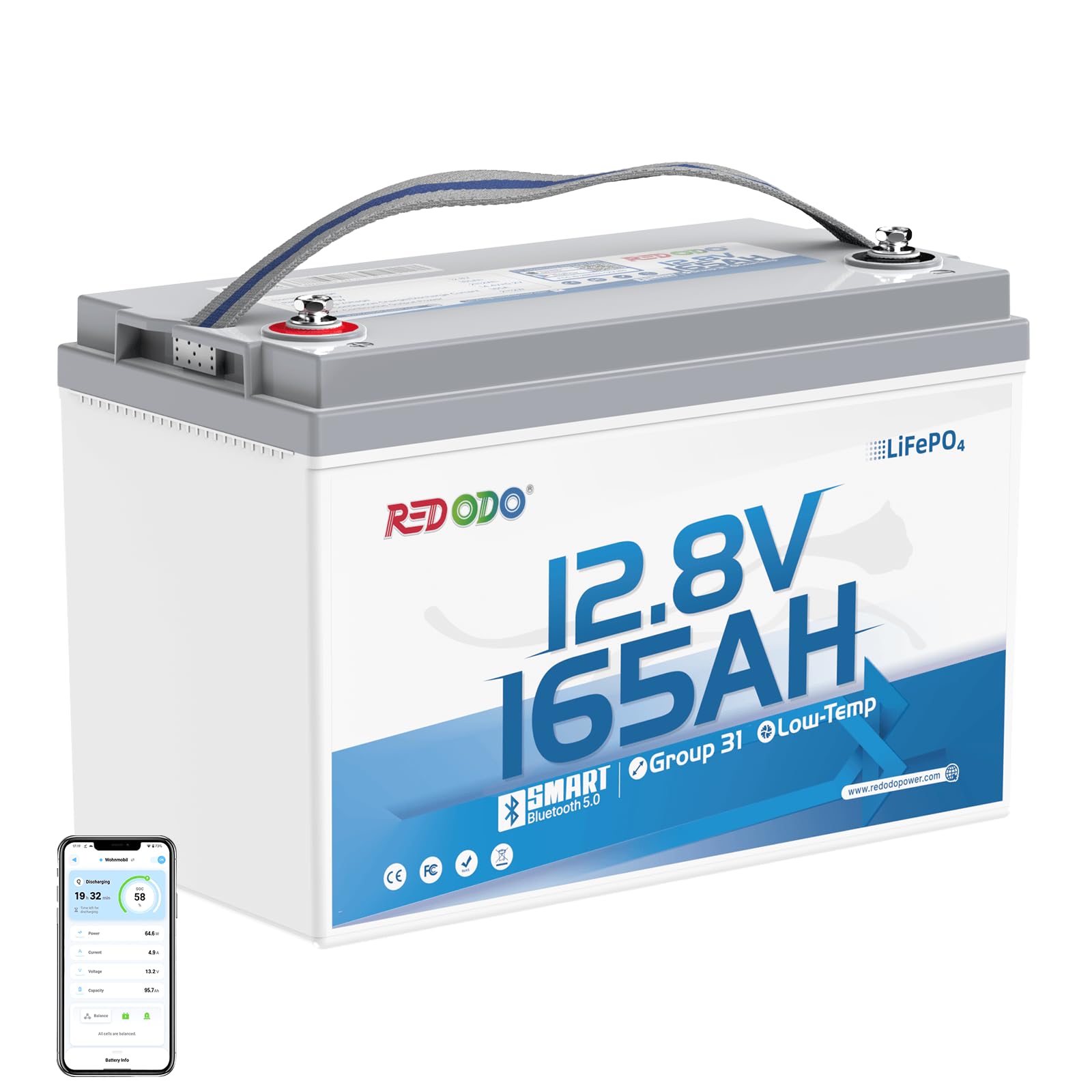 Redodo 12V 165Ah LiFePO4 Battery, Group 31 Deep Cycle for Travel Trailer RV