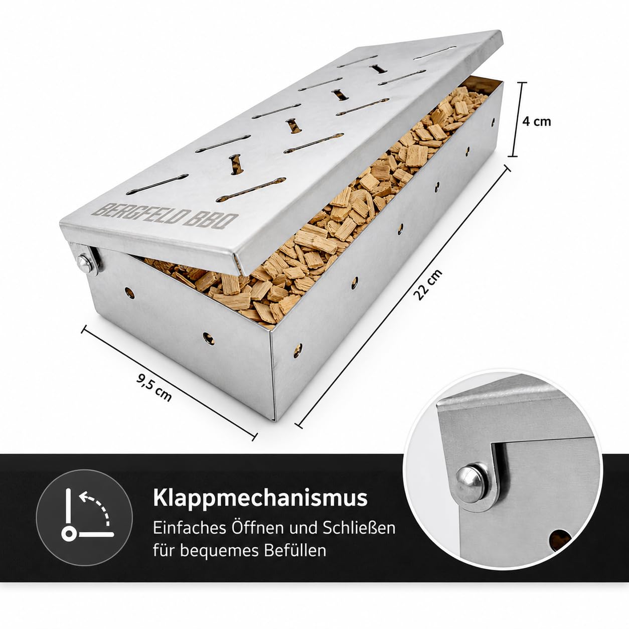Bergfeld BBQ – Scatola per affumicatura con trucioli per tutti i tipi di barbecue – Smoker Box in robusto acciaio inox per grigliare – Aroma per carne, pesce e verdure (dimensioni: 22 x 9,5 x 4 cm)