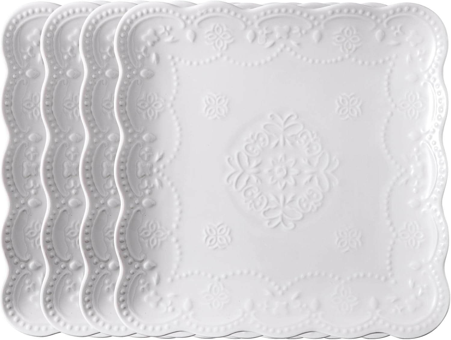 Jusalpha Square Embossed Lace Ceramic Plate-Dinner Plate-Tableware Set- Dish Set-4 Pieces (8 Inches, White) PL15- Square 8 Inches White