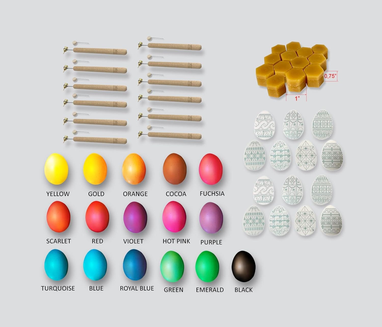 Pysanka Easter Egg Decorating Kit, 12 Wax Pens, 16 Dyes, 12 Combs of Wax, Master Class Group Set with Design Samples