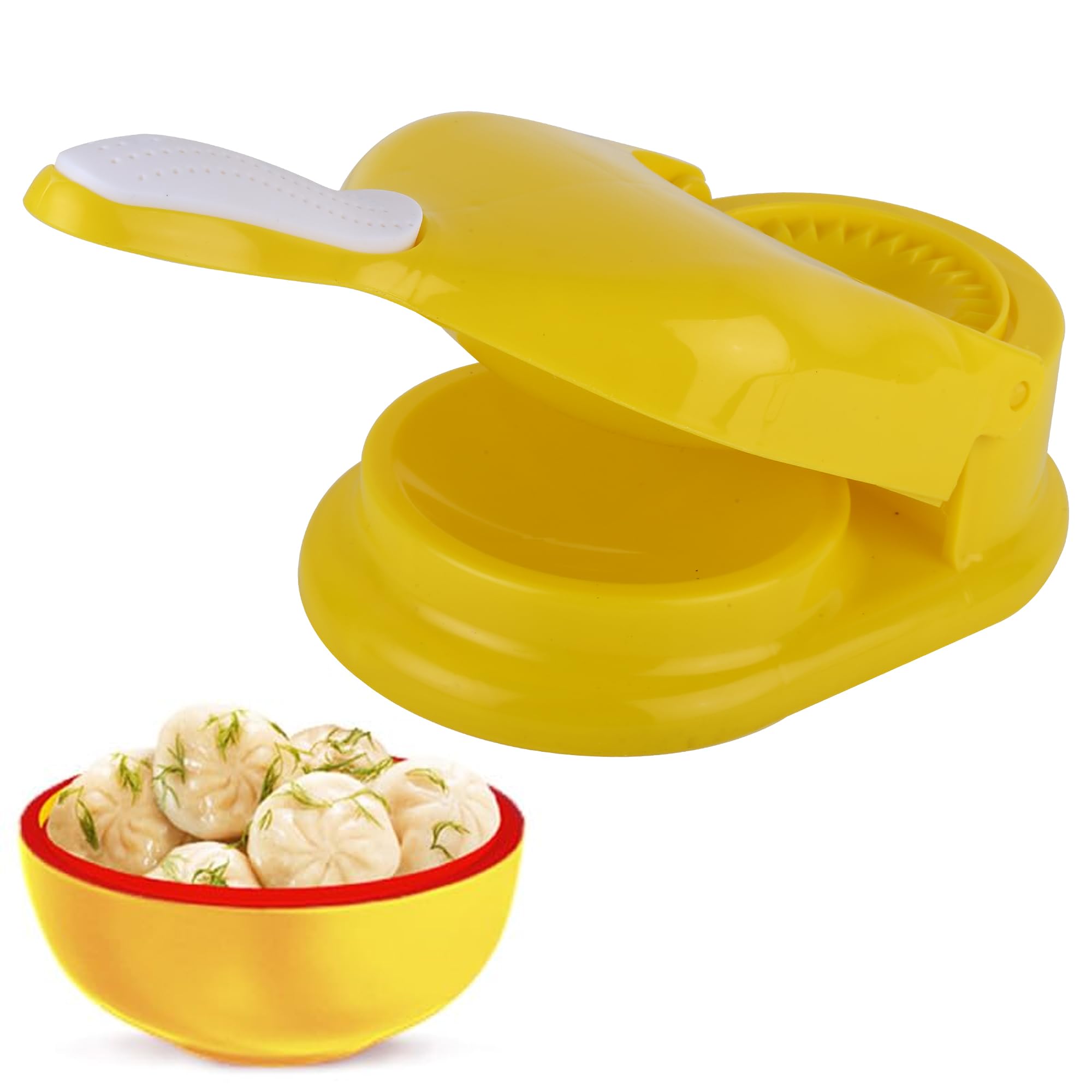 ISIKA Plastic 2 in 1 Dumpling Maker Momos Maker Gujiya Maker Machine for Home Ghughra Making Machine for Kitchen, Karanji Puri Press Mould Machine Making Tool for Home (Yellow) Pack of 1