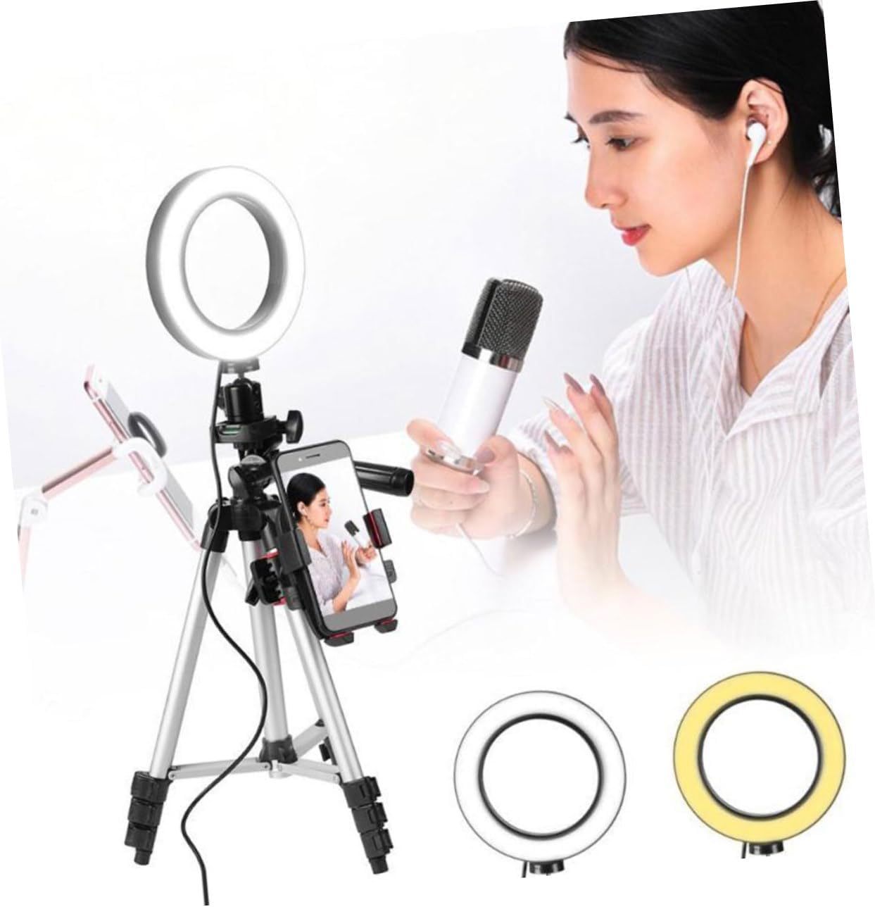 Dimmable LED Ring Light with Tripod Stand Phone Holder for Streaming Videos Brightness Height USB Powered Compatible