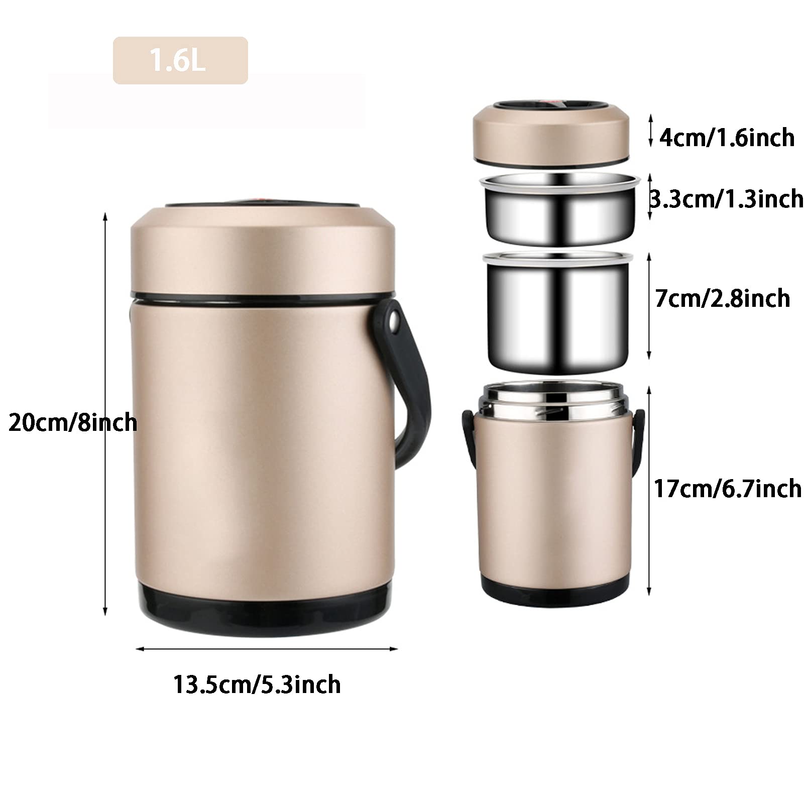 Fiambrera Térmica, Fiambreras Bento de Acero Inoxidable,Recipientes Termicos Comida a Prueba de Fugas, Frascos de Comida y Frasco de Sopa aislados para Escuela Oficina, los Viajes,Gris,1.6L