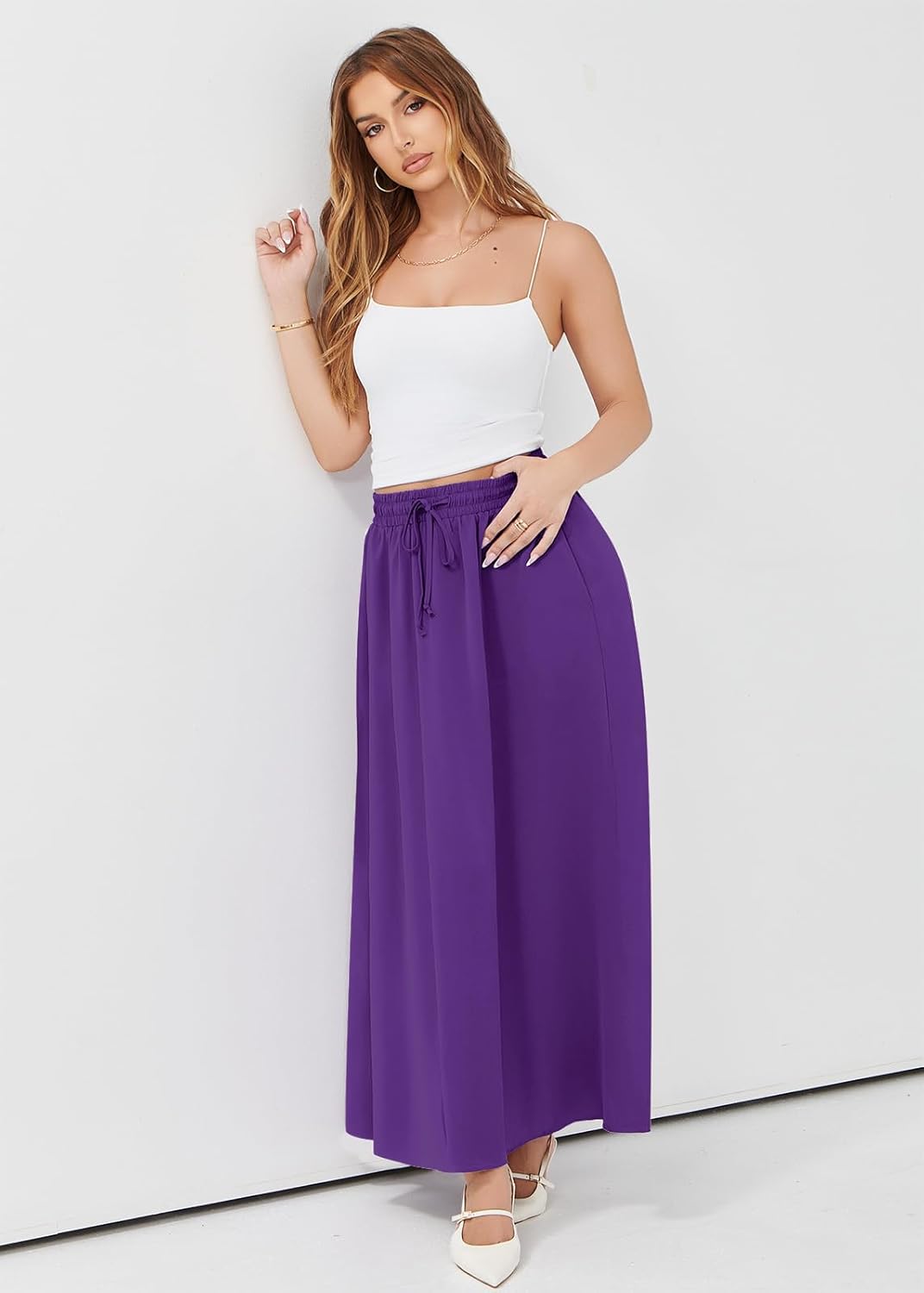 Askyes Womens Maxi Skirt Summer Trendy Side Slit Elastic High Waisted Boho Casual Beach Flowy Swing Long Skirts with Pockets - Image 5