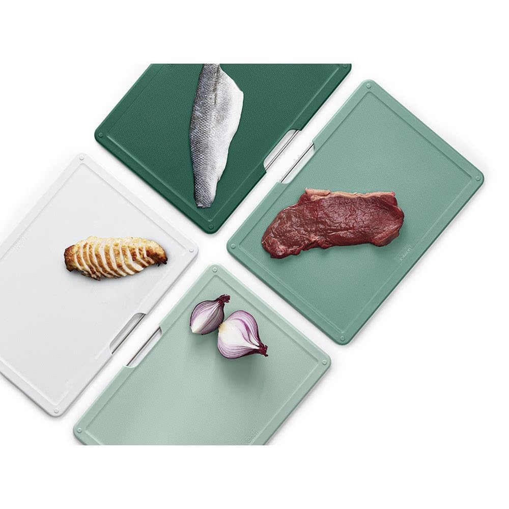 Joseph Joseph Folio - Set di 4 pezzi, Taglieri da cucina in plastica, con custodia porta taglieri- Grande, Argentato/Verde sfumato