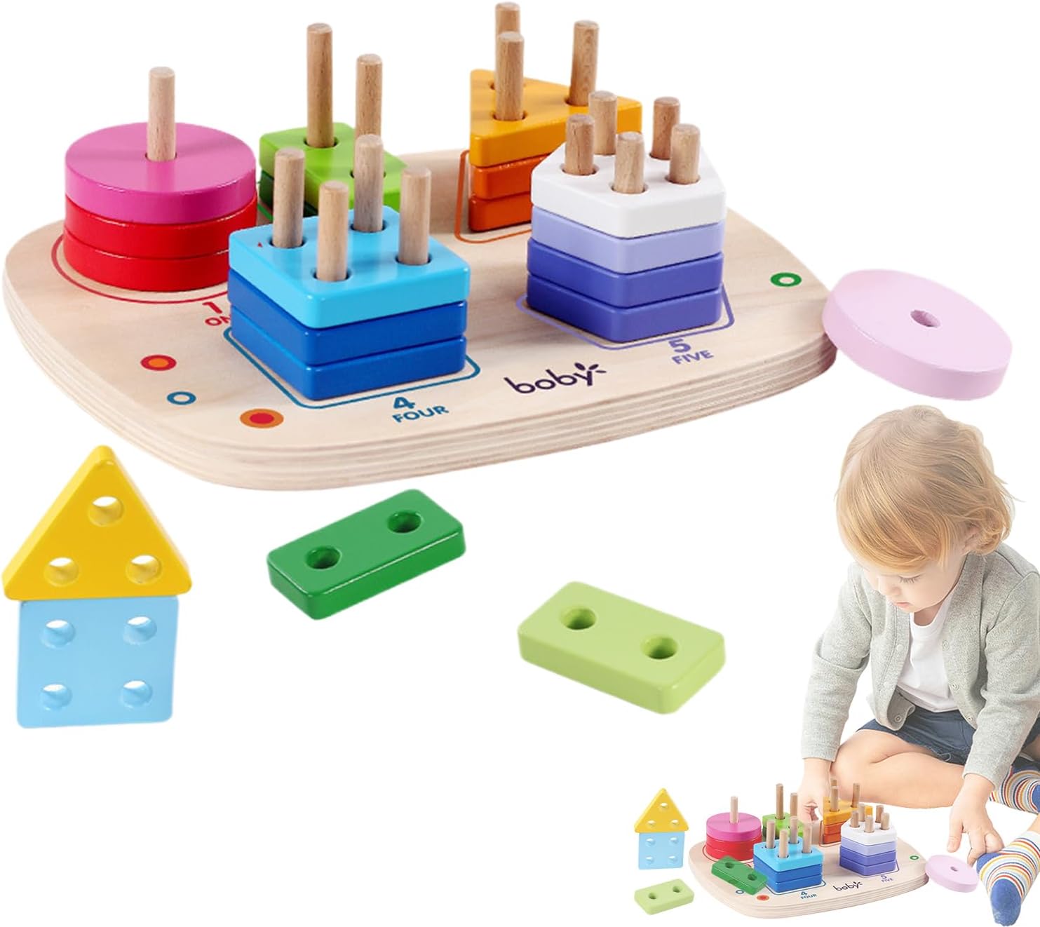 木製積み重ねおもちゃ | 感覚的幾何学ボード - マッチングパズル積み木 - 子供向け、家庭用、就学前教育、幼稚園、旅行用、発達、学