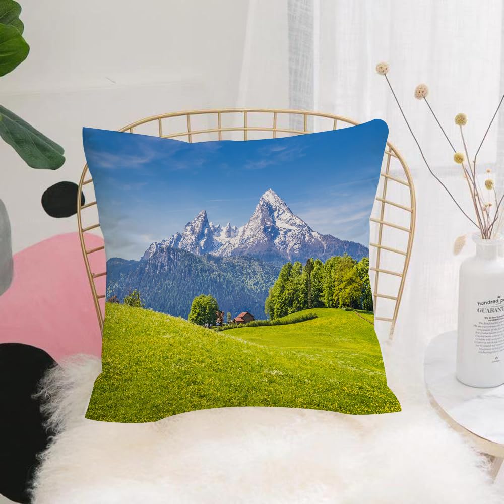 HYOSXW Cushion Cover,Throw Pillow Case Home Decorative for Living Room Bedroom Sofa Chair 16X16 Inch,Nature, pasture landscape in Alps with ow and flowers of northern Germans,Pillowcase 40X40cm