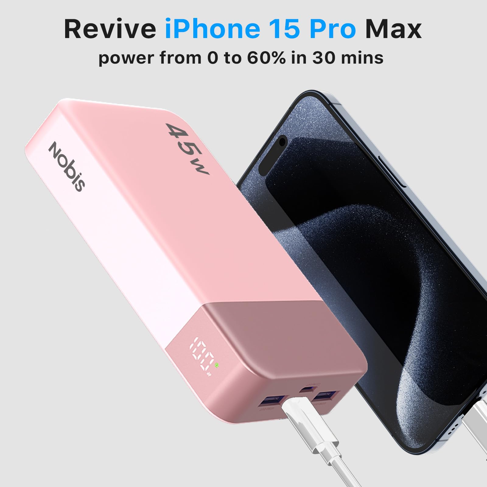 NOBIS Power Bank 45W 20000mAh Przenośna Ładowarka Z Wyświetlaczem LED | PD 3.0 Szybkie zewnętrzne akumulatory, dla iPhone, MacBook, Samsung Galaxy
