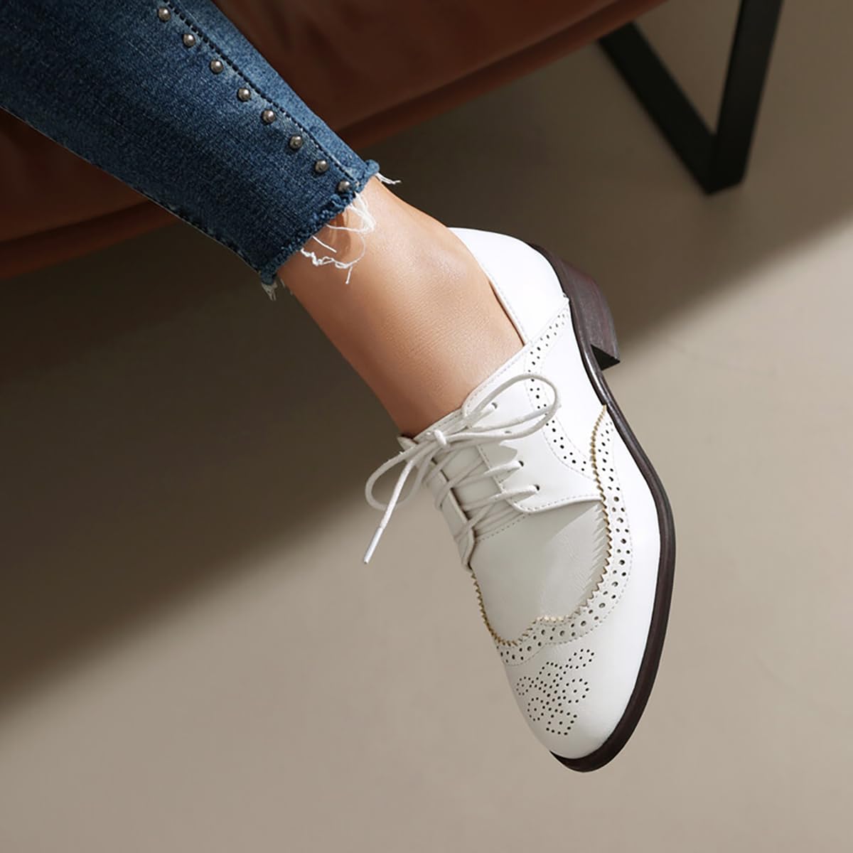 Scarpe Oxford Wingtip Donna Tacco Blocco Scollatura Bassa Stringate