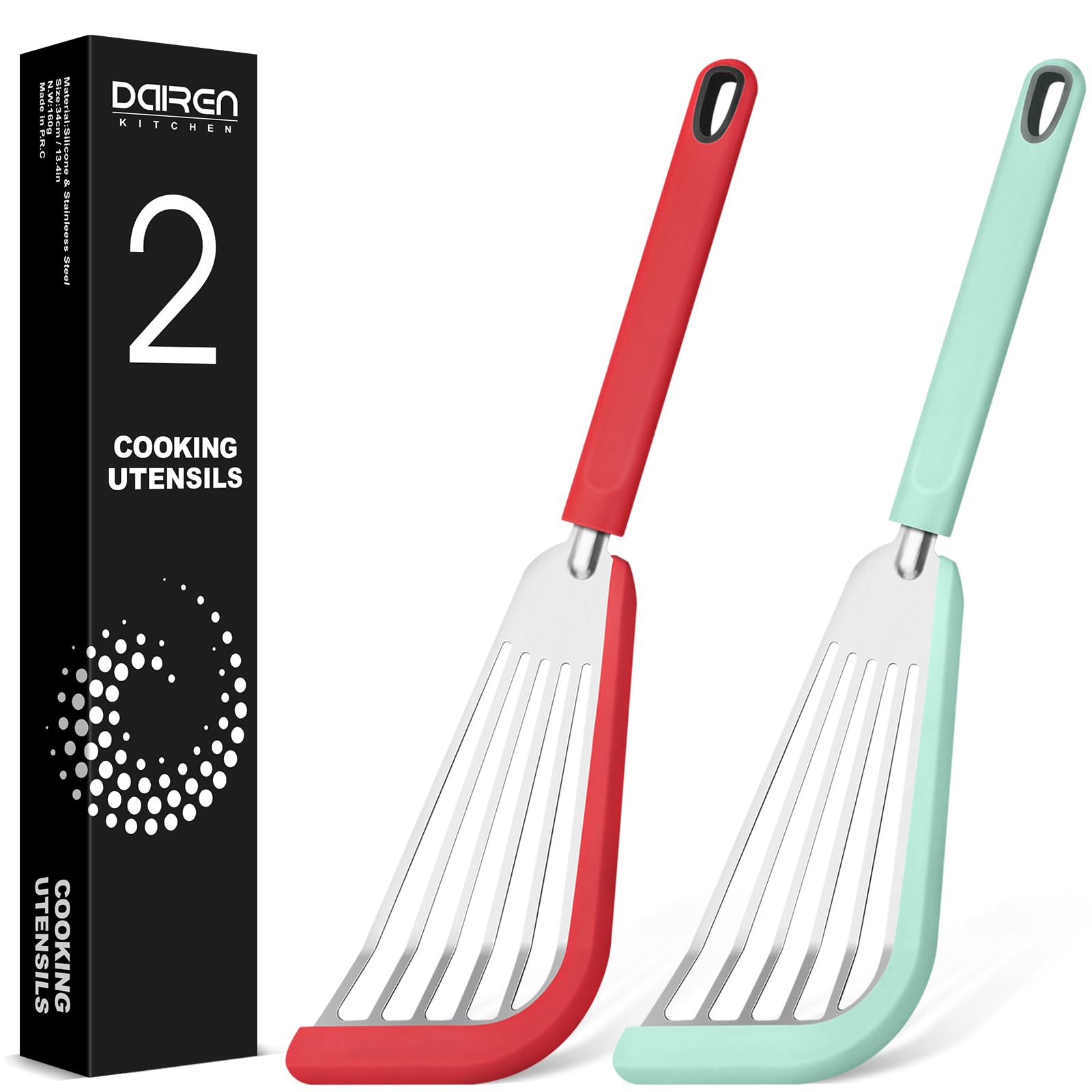 Juego de 2 espátulas de silicona para pescado, espátulas ranuradas finas para utensilios de cocina antiadherentes, resistentes al calor, flexibles, de acero inoxidable, para cocina, pescado, huevo,