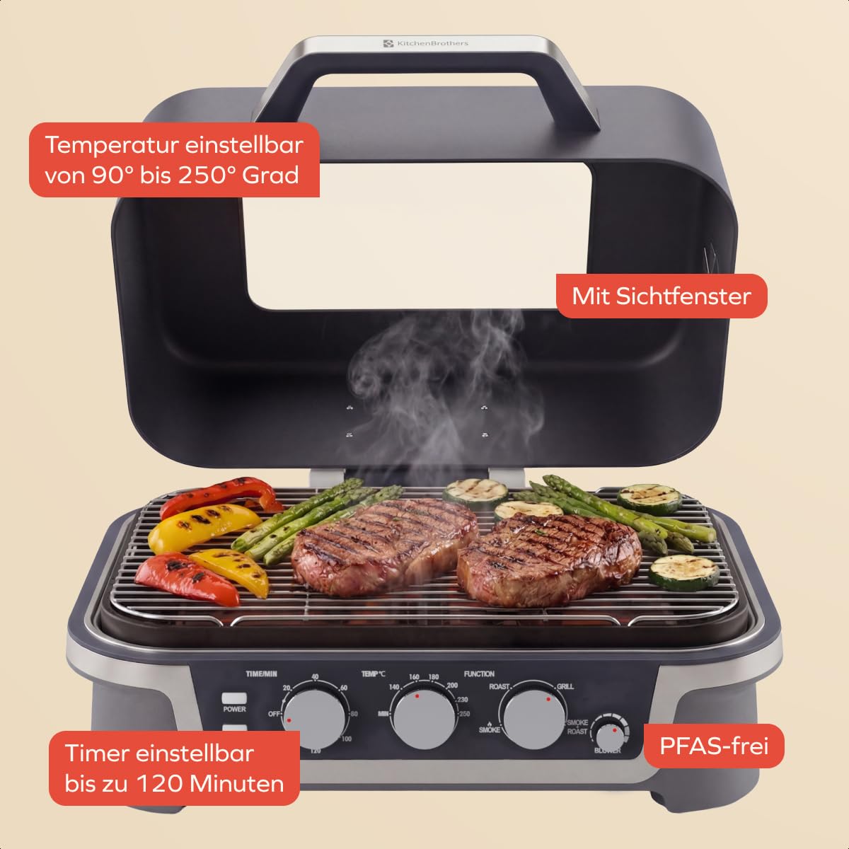 KitchenBrothers 4-in-1 Elektrogrill - BBQ & Smoker - Tischgrill - 2600W | Einstellbar von 90–250 °C, Timer bis 120 Min., Sichtfenster im Deckel, kompaktes, ideal Tischformat