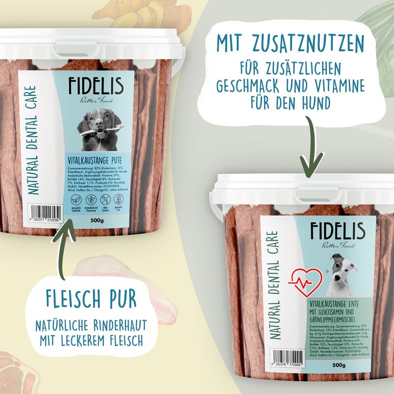 Fidelis - Vitalkaustange Huhn mit Hanf und Joghurt – funktionale Zahnpflege Snacks für Hunde 500g-Eimer – Luftgetrocknet aus 100% natürlichen Rohstoffen - Hunde Leckerli als Snack zur Zahnhygiene