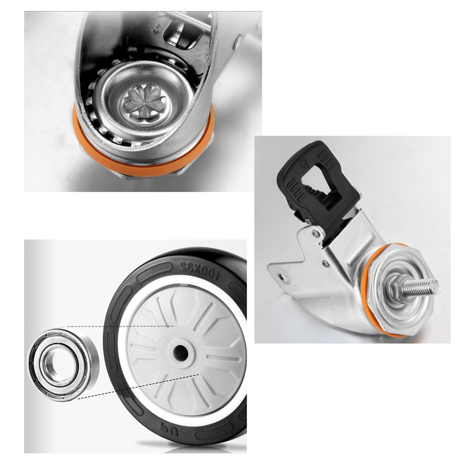 M14/16 Rotelle Girevoli con Perno Filettato, Set di 4 Ruote Pivotanti in Poliuretano, 75mm Rotelle for Mobili, Pesanti Ruota con Bloccaggio Totale for Carrello, Industriali Rotelle(With Brake