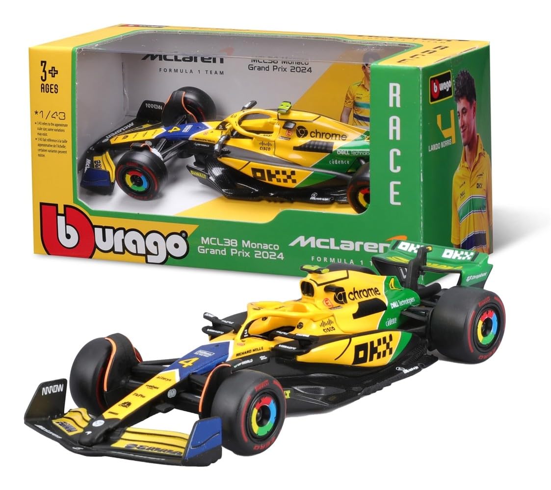 Bburago McLaren MCL38 Monaco GP 2024 Senna Livery 1:43 scale, detailed diecast replica, random assortment of Norris or Piastri, Ayrton Senna tribute edition