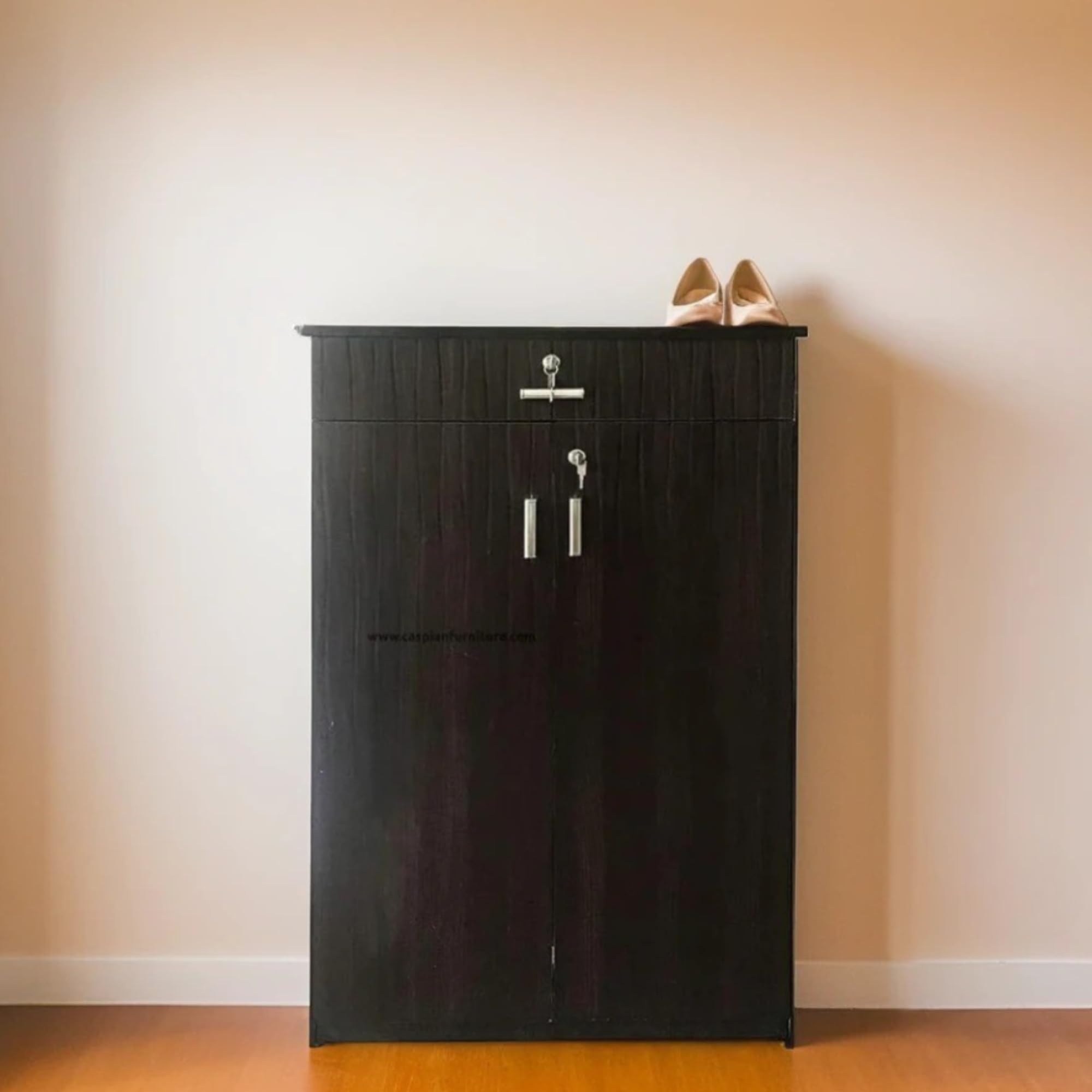 CASPIAN 2 Door Shoe Rack Cum Cabinet (Coffee Brown) | Engineered Wood Pre Assembled Furniture | Storage Organizer for Indoor/Outdoor Use | 4 Shelves, Door Lock & Drawer | Wooden Shoe Racks for Home