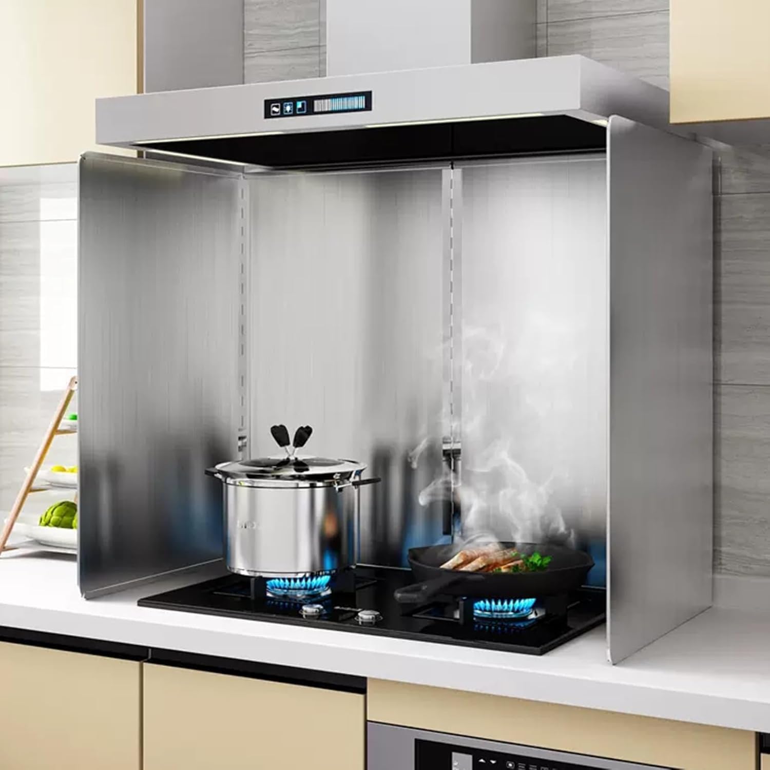 Écran anti-éclaboussures cuisine inox pliable pour stopper les graisses