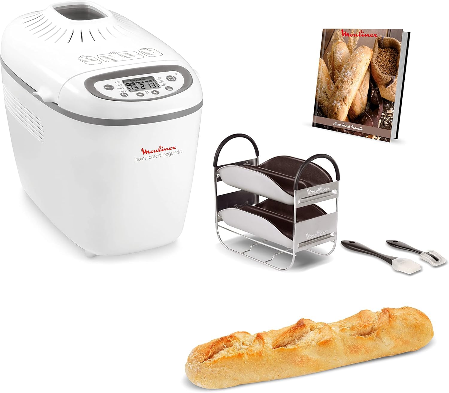 Moulinex OW6101 Home Baguette - Panificadora de 1650 W, 16 programas, hasta 1.5 kg, inicio programado, mantenimiento caliente, incluye bandejas para baguette, 2 aspas amasar y recetario, blanco