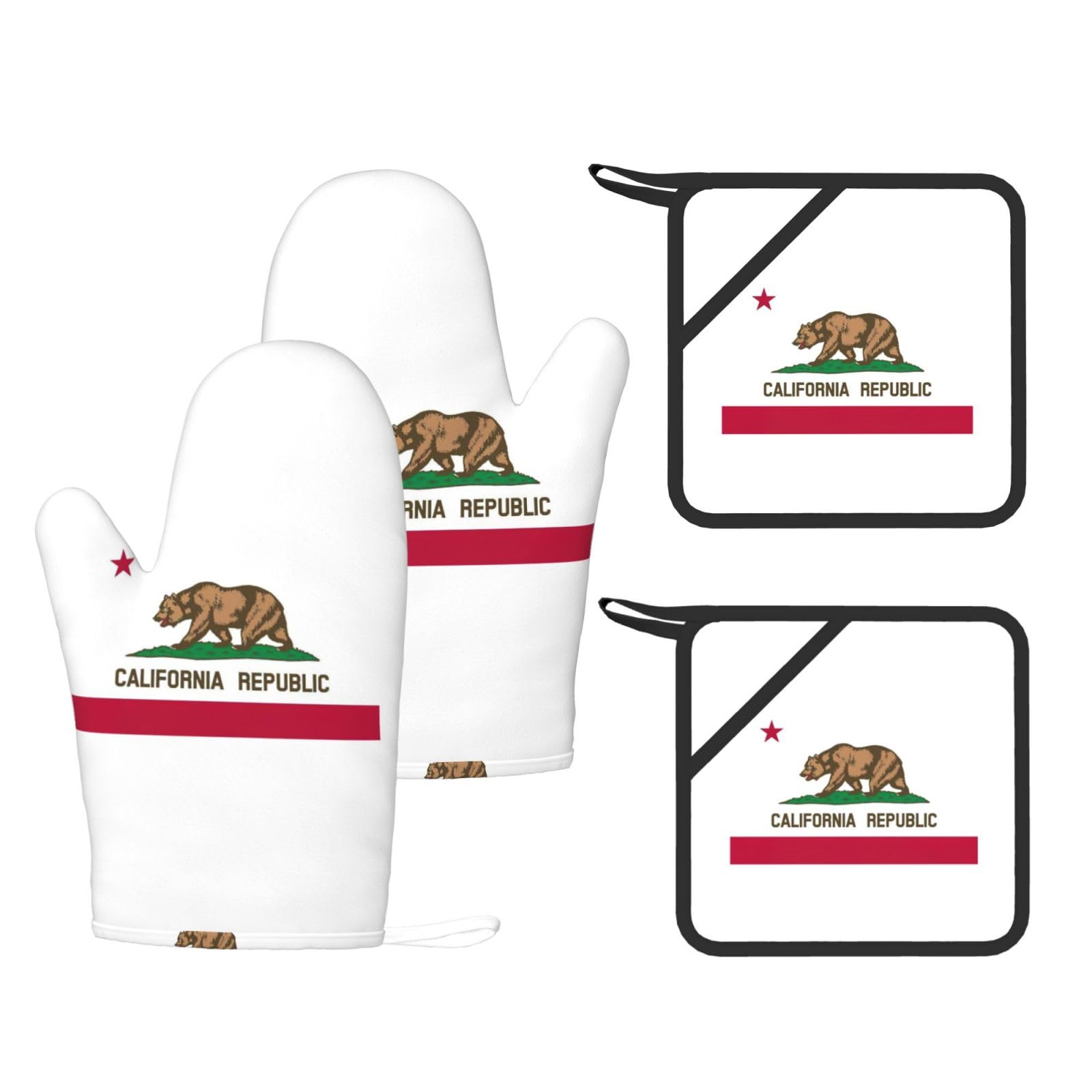 Nimongt Black California State Flag Print Heat Resistant Gloves Pads Reusable Kitchen Set Oven Baking Grilling Cooking