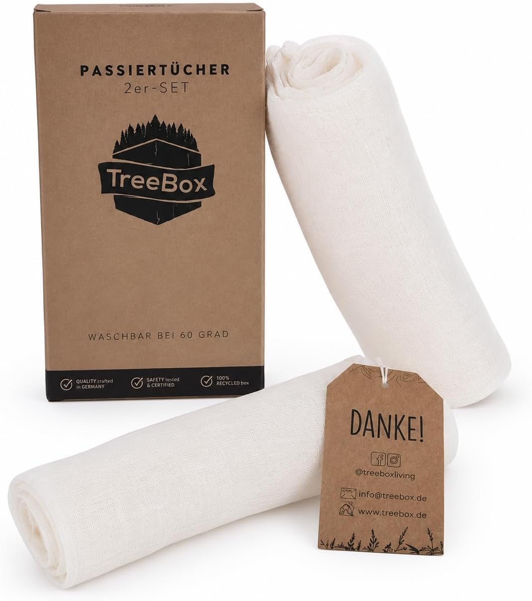 TreeBox Passiertuch - Premium Leinen Käsetuch Set - Reißfest & Ultra-Fine für Präzise Filtration - Passiertuch Wiederverwendbar - Cheesecloth - Perfekt für Saft und Suppe - 2 Stück