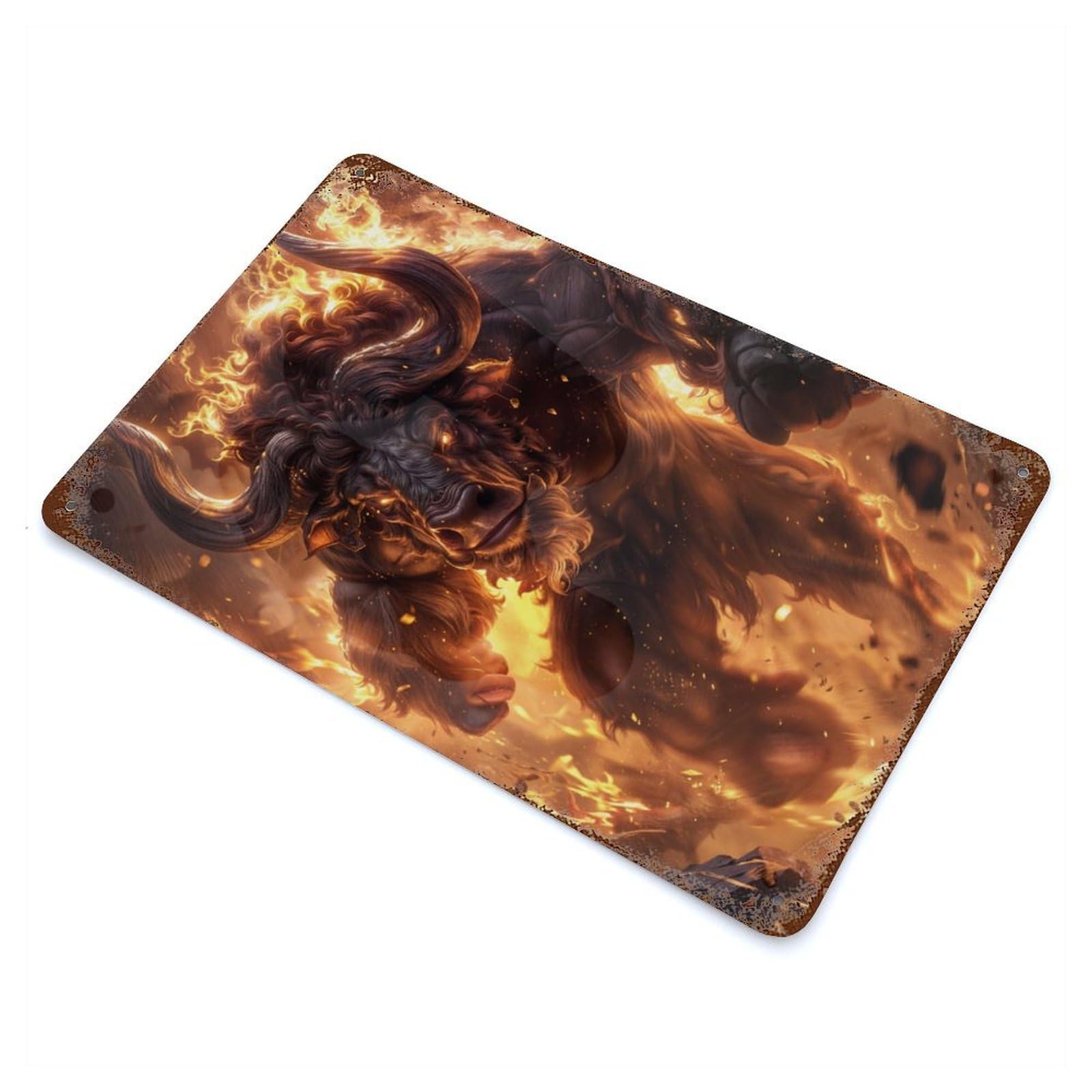 Flaming Minotaur Charge Vintage Metal Tin Sign 11.8"x7.9", Ideal for Cafe, Home Bar And Lounge Decor