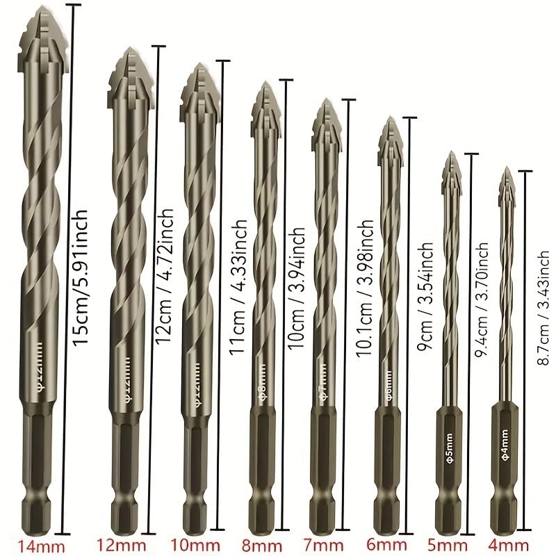 8pcs Hardened Alloy Drill Bit Set 8-Piece 4-Flute Core Design with Sharp Landing Tip for Concrete Brick Ceramic Tile Drilling, Golden