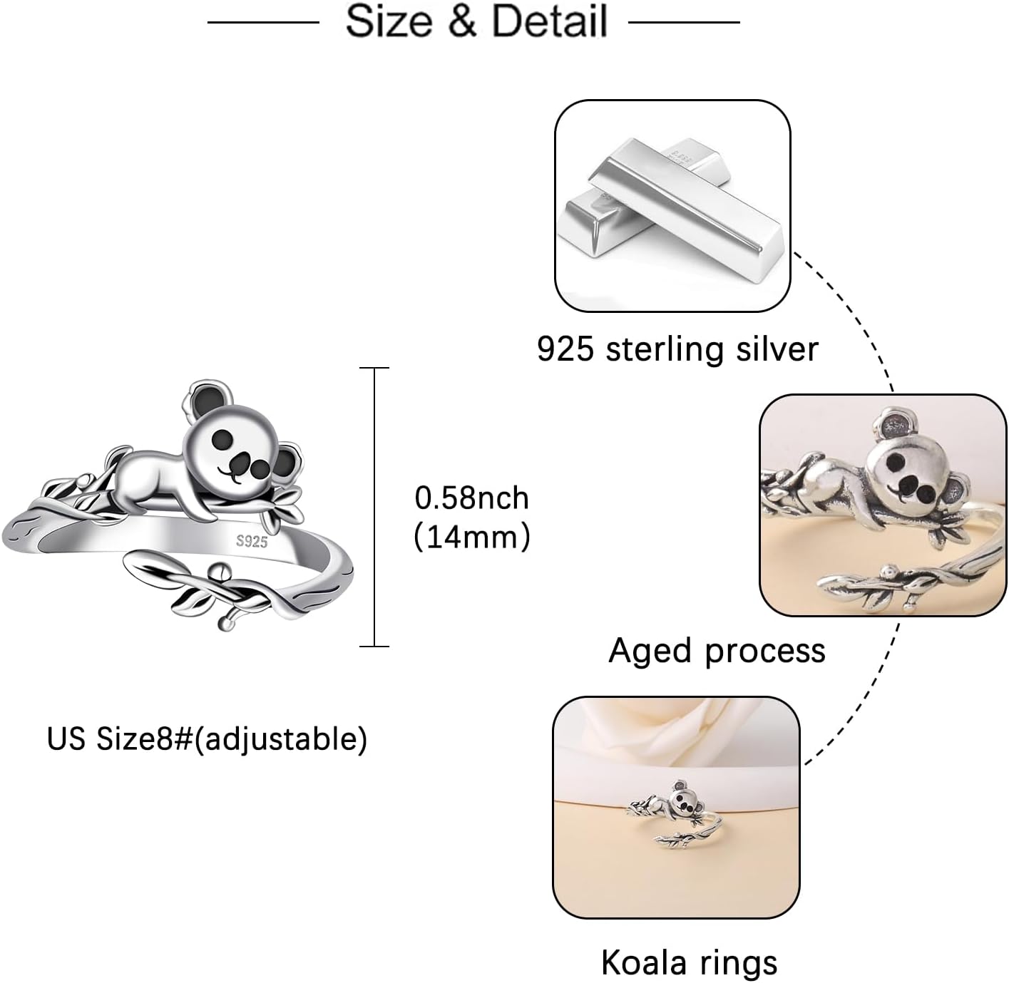 925 Sterling Silver Koala Ring - Cute Animals Adjustable Rings Koala Open Ring Jewelry Gifts for Women Daughter Sister Granddaughter - Image 5