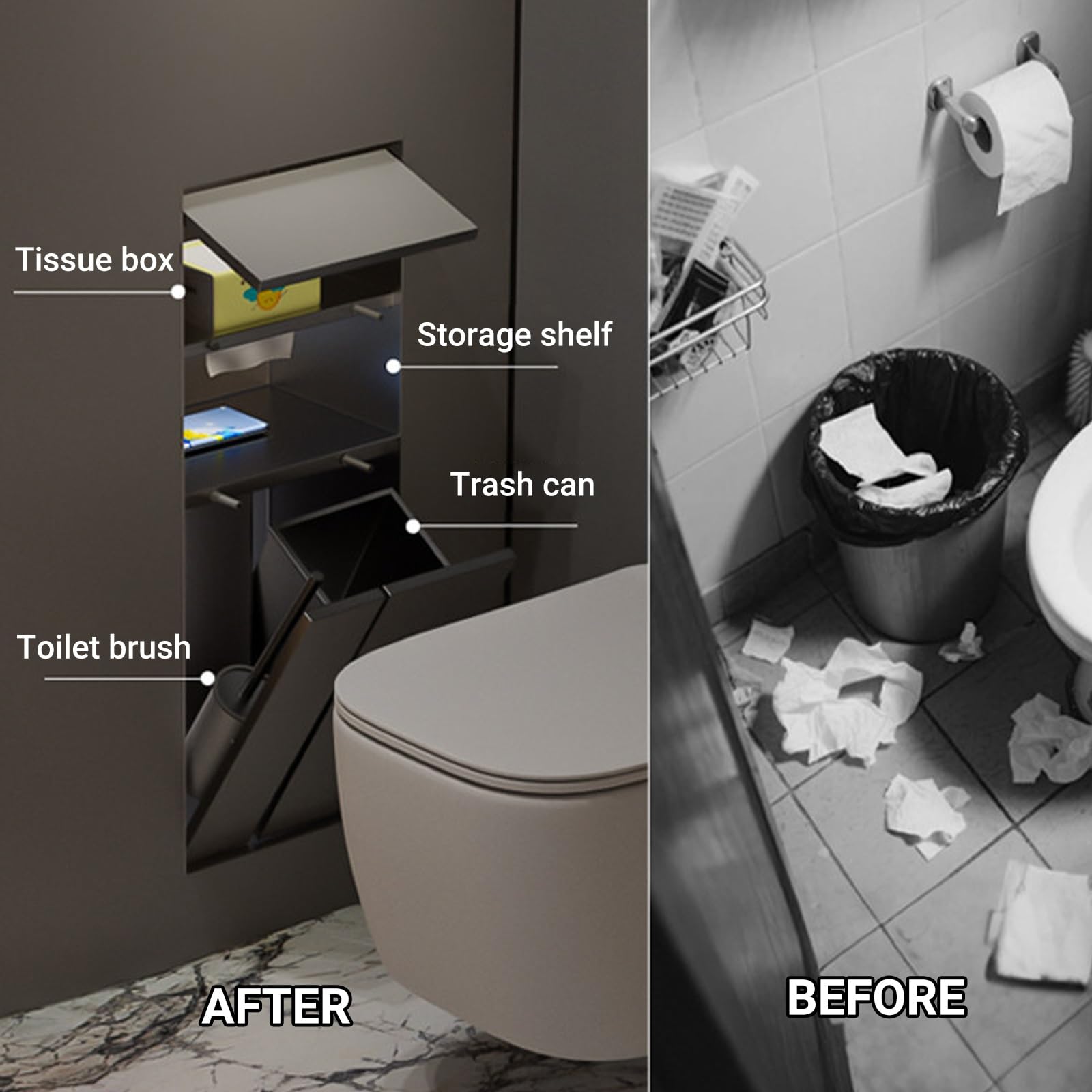 Nicho Empotrado 4 en 1 con Papelera, portarrollos y escobillero, Acero Inoxidable 304, Armario de Pared Impermeable para baño(Gun Gray,Multi-Functional-M)