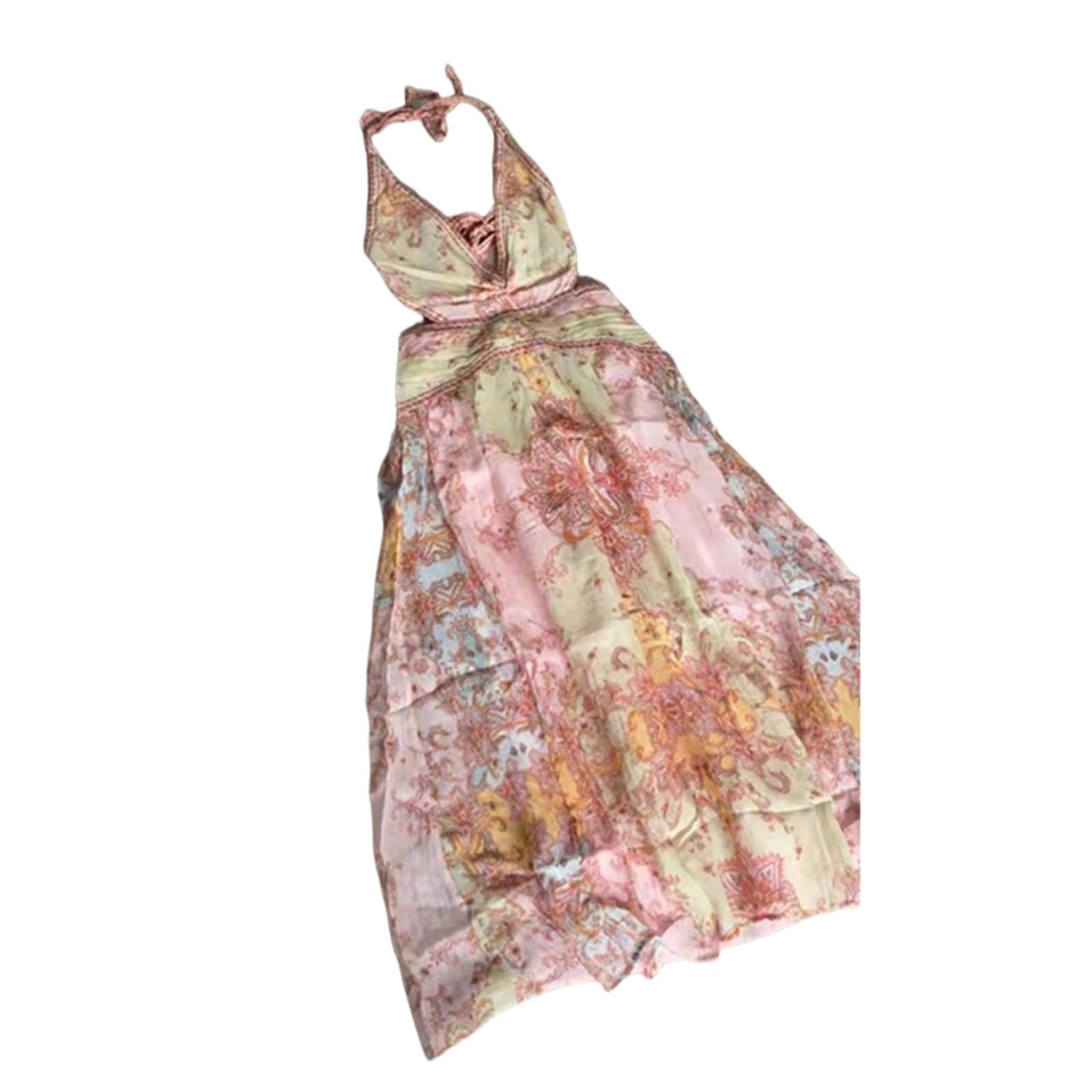 Vestito Donna Elegante Halter Maxi Abito Profondo V Senza Schienale Pizzo su Stampato per Festa Serata Indossare Vacanze-as Shown-s
