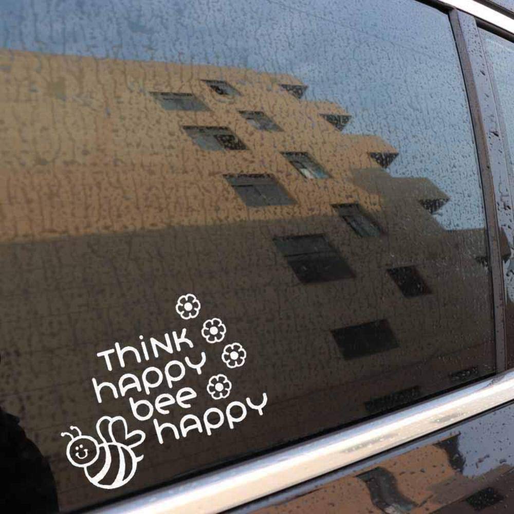 Handmade By Stukk White Stukk Stickers Think Happy Bee Fun Window Bumper Sticker Vinyl Decal,,15.5Cm X 11.7Cm
