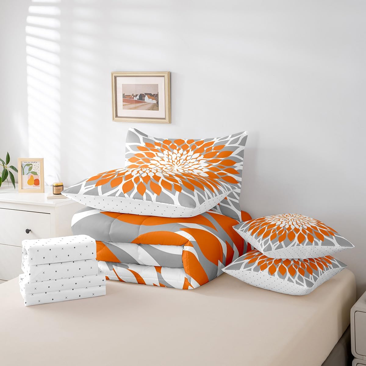 Feelyou Grey Orange Flower Comforter Queen 7 Pcs Bohemian Style Exotic Floral Bedding Set Modern Striped Art Luxury Geometric Bed in a Bag with Comforter, Sheets, Pillowcases & Cushion Cover