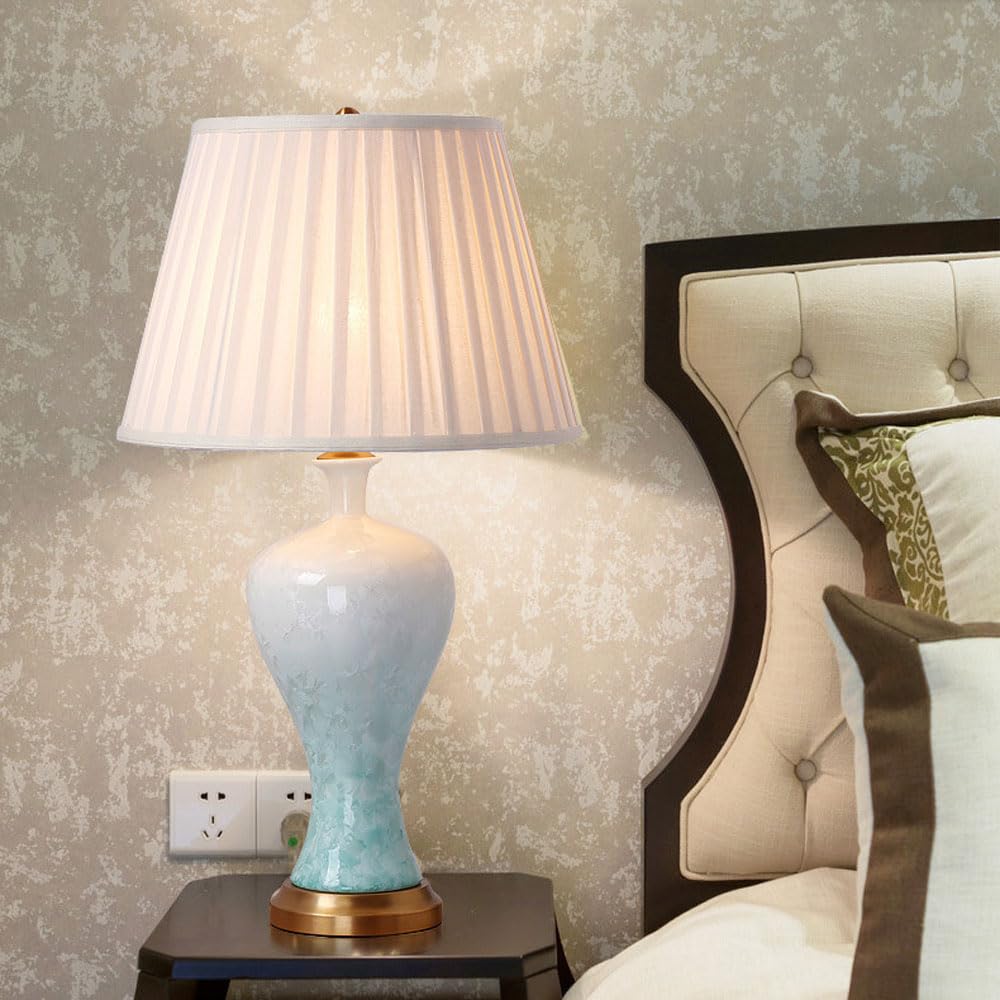 SGKOMN 26.8" Light Blue Crystallized Glaze Ceramic Table Lamp For Bedroom, Living Room, Dining Room, Office, With Simulated Silk Shade Chinoiserie Bedside Table Lamp-A