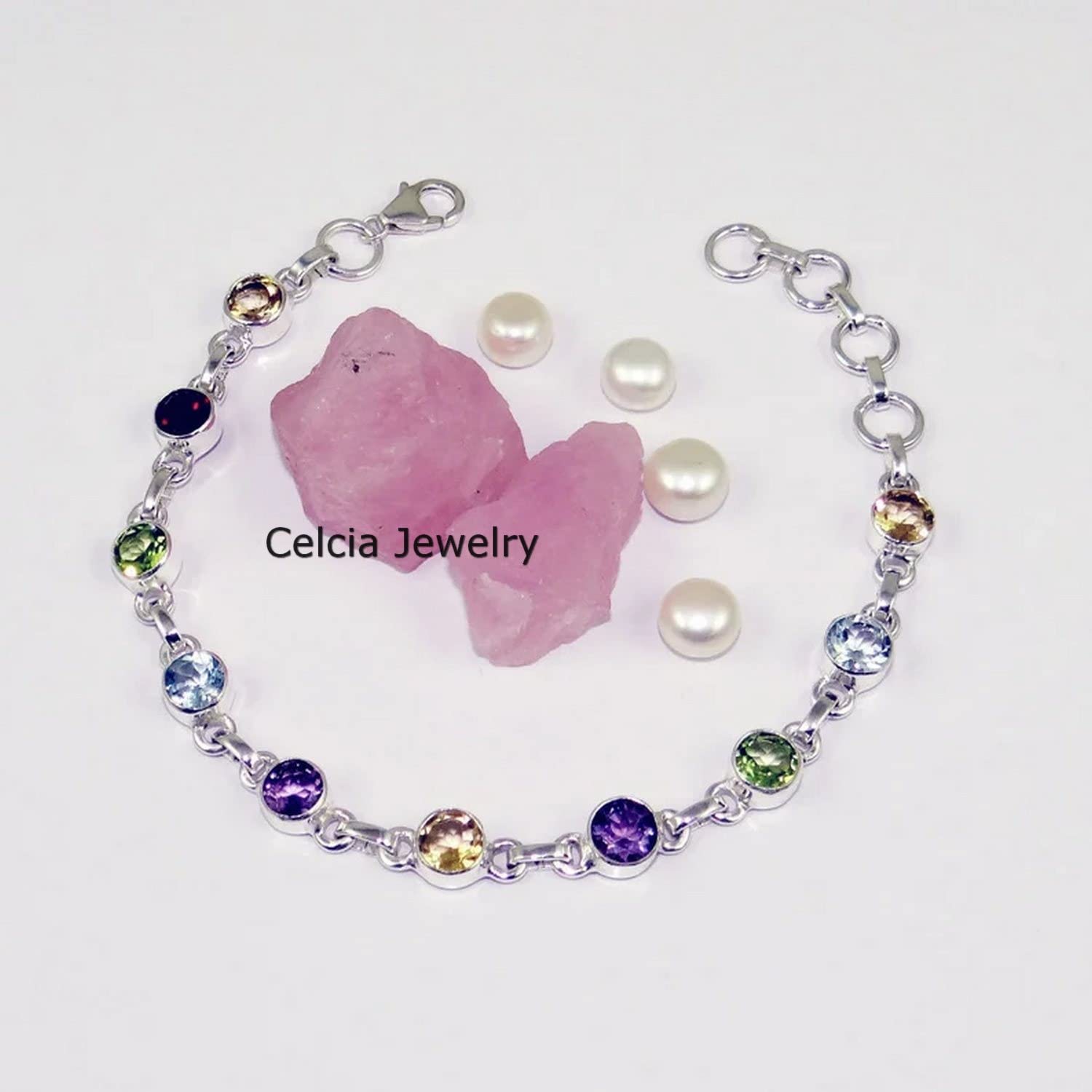 Pulsera de plata de ley 925 pura para mujeres y niñas, citrino natural, topacio azul, peridoto, amatista y granate Pulsera de piedras preciosas Pulsera única hecha a mano para ella o para él