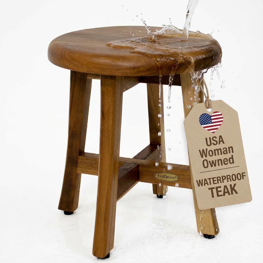 EcoDecors Shoji 12 Inch, 13 inch T, Perfect Height for Shaving Waterproof Teak Wood Shower Bench Stool Seat Chair for Inside Shower Storage Provides