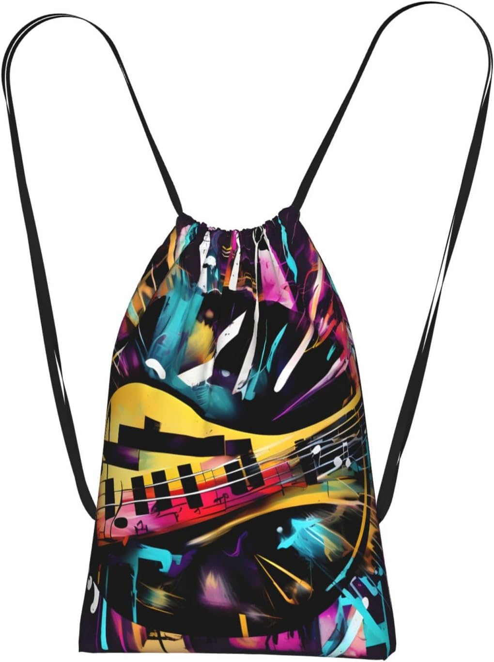 Music Graffiti Style Print Foldable Drawstring Backpack Lightweight Gym Bag Travel Backpack Cinch Sack For Beach Hiking