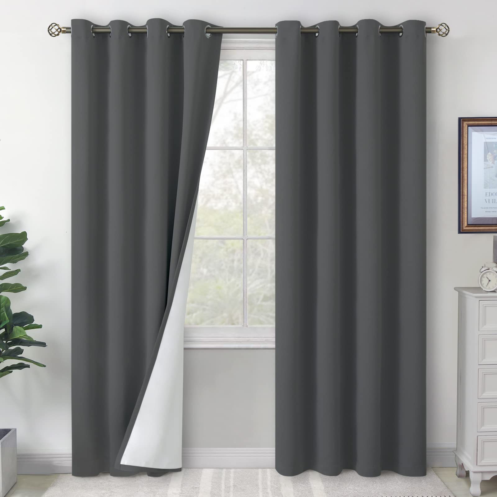 BGment White 100% Blackout Curtains with White Liner, 2 Panels, Each 42 x 63 Inch