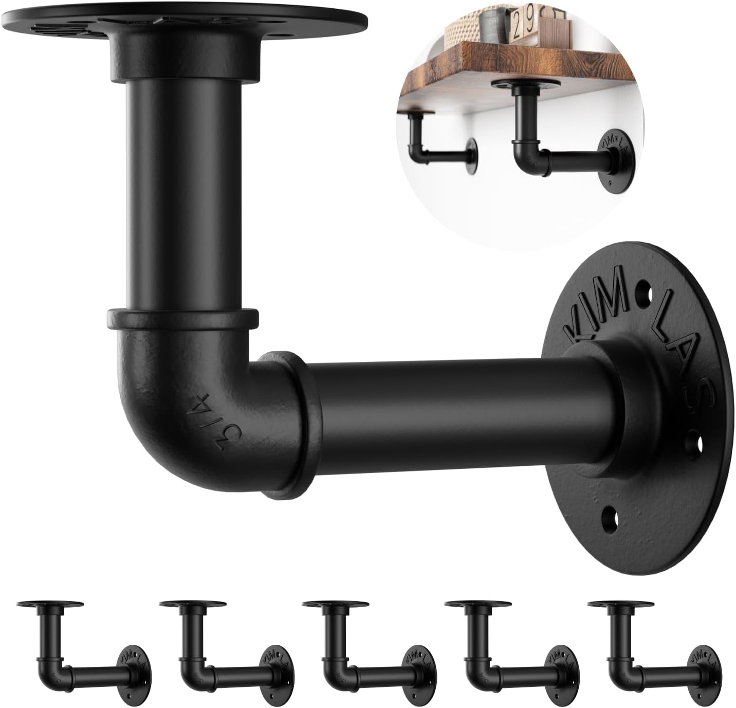 Black Industrial Pipe Shelf Brackets – 6 Pack (6.1" x 5.1"), Fits 6-12 inch Deep Floating Shelves, Heavy Duty Rustic L Brackets for Wall-Mounted Pipe Shelving