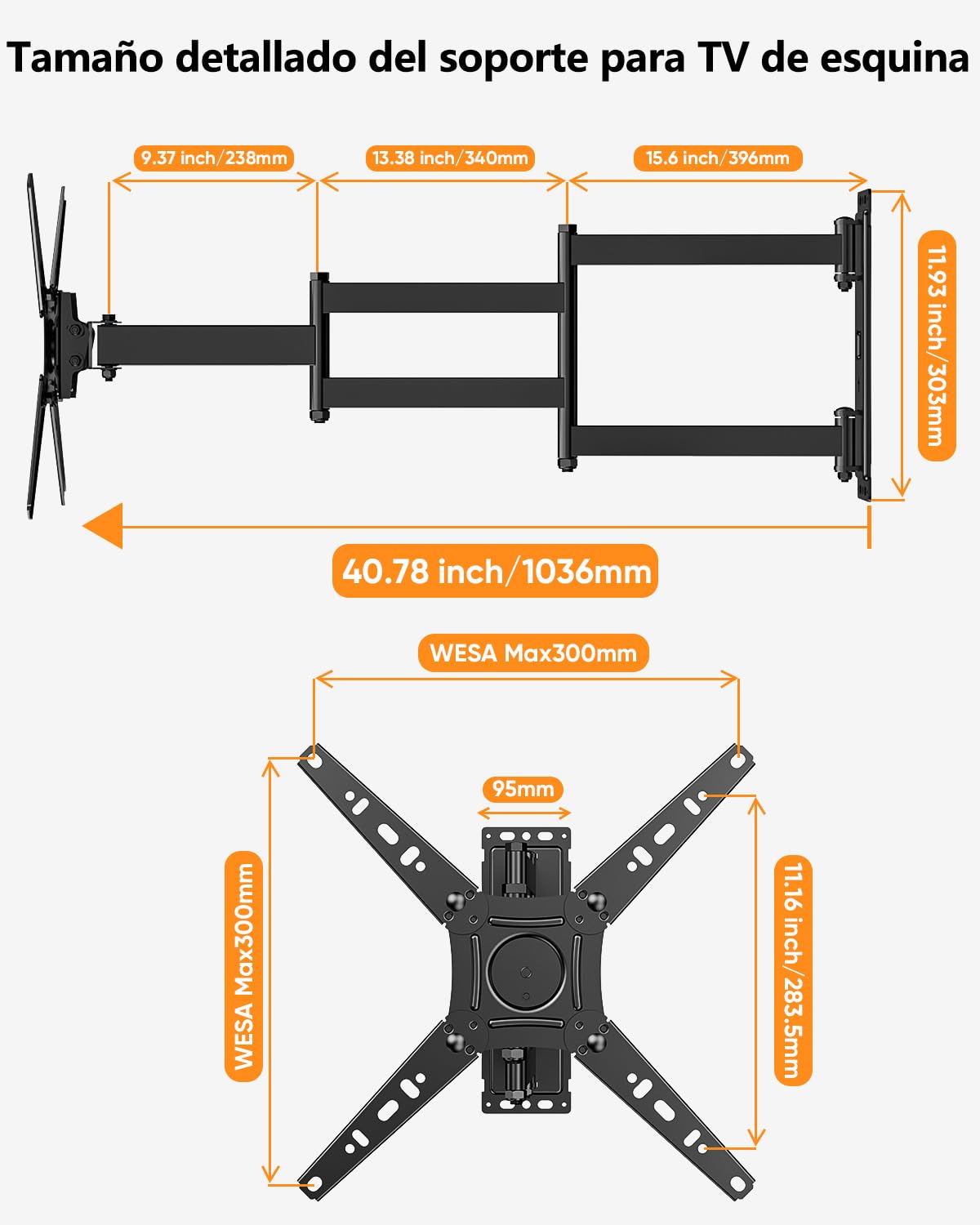 FORGING MOUNT Soporte TV Pared, Brazo Largo de 1035mm para TVs de 17-50 Pulgadas, Soporte Pared TV Articulado Inclinable y Giratorio con 180° Rotación, hasta 30 kg, MAX VESA 300x300mm