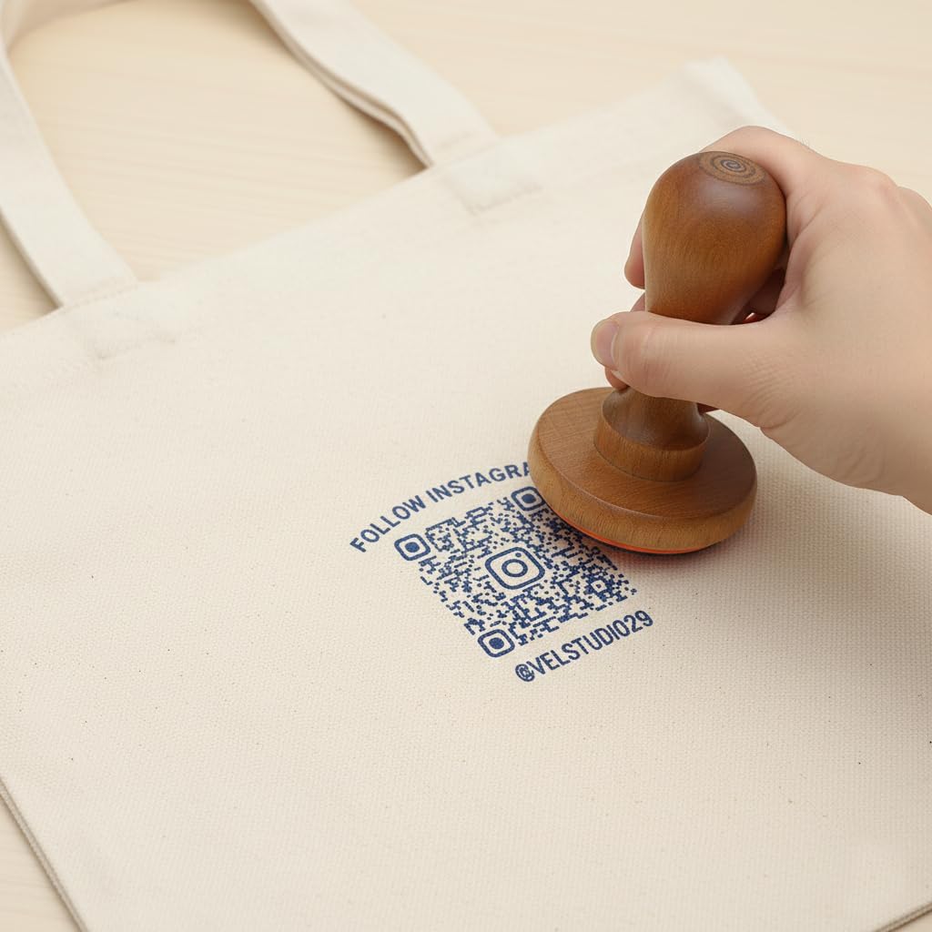 Custom QR Code Wooden Rubber Stamp with Insta Website QR – Reusable Stamp for Business Branding | VEL Studio