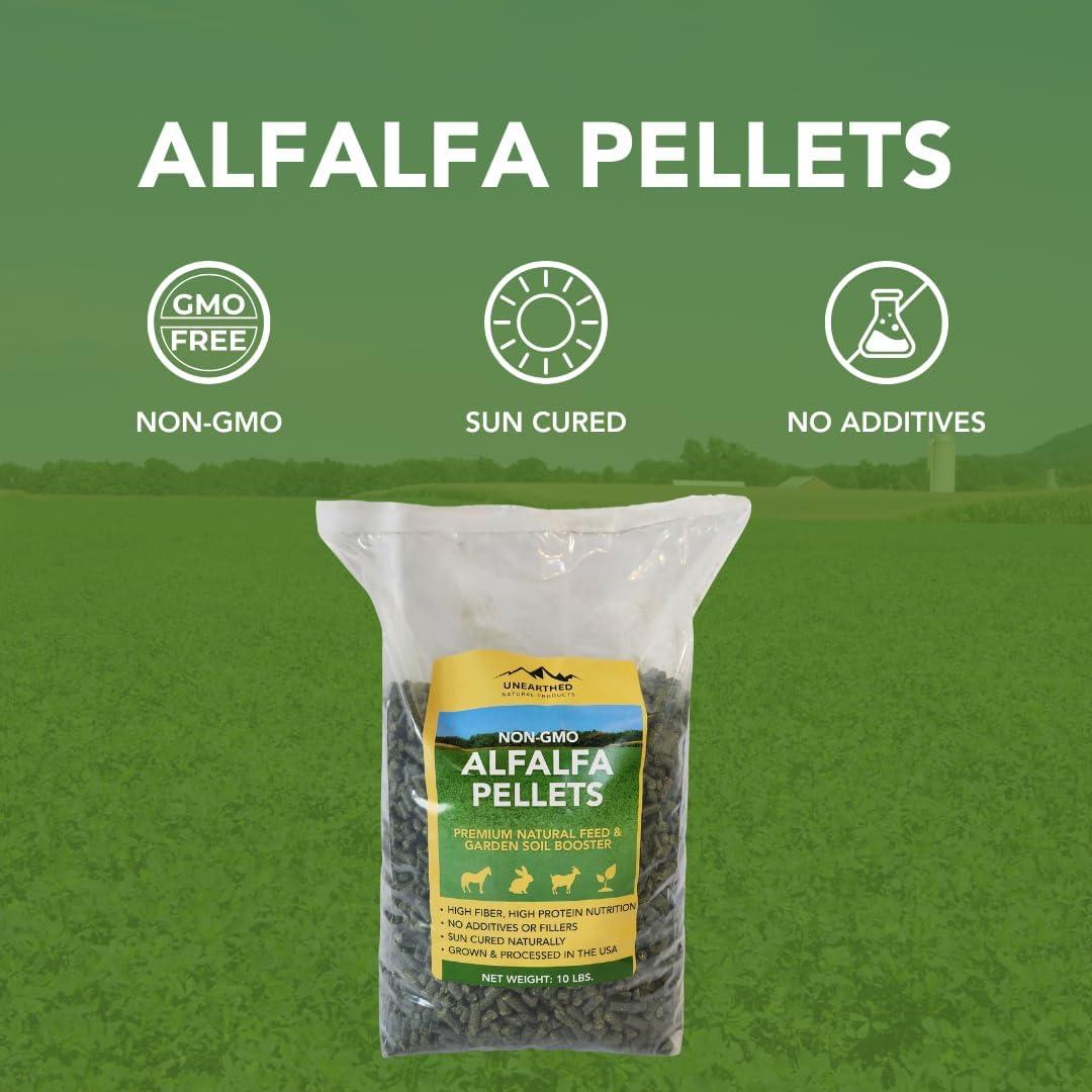 Unearthed Non‑GMO Alfalfa Pellets – 100% Pure Sun‑Cured Alfalfa, No Additives or Fillers | Premium Feed for Rabbits, Horses, Goats, Chickens & More | Natural Garden Soil Booster