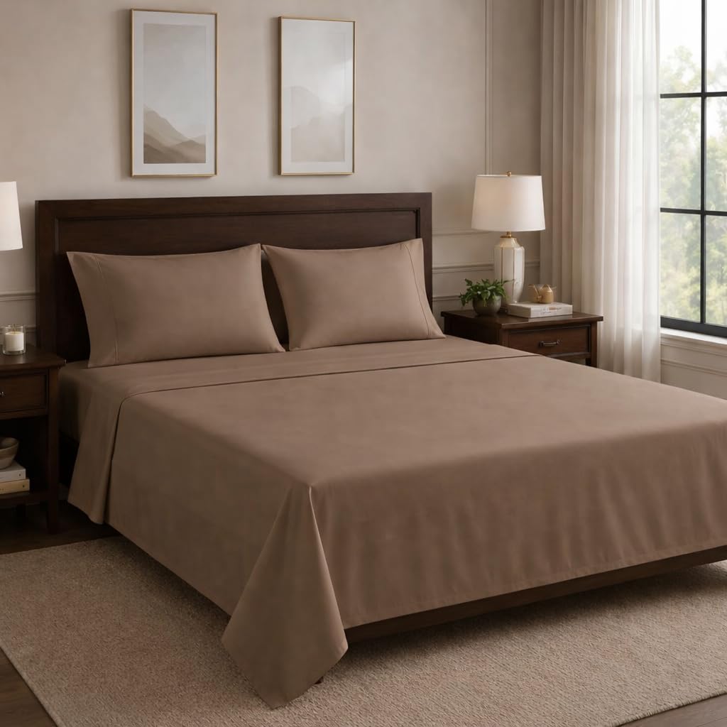 Egyptian Cotton Feel Queen Size Flat Bedsheet with 2 Pillow Covers | 800 TC Soft & Breathable | Taupe Solid Pattern for Bedrooms and Hotels Use (Size: 90 x 107 Inch)-image-27