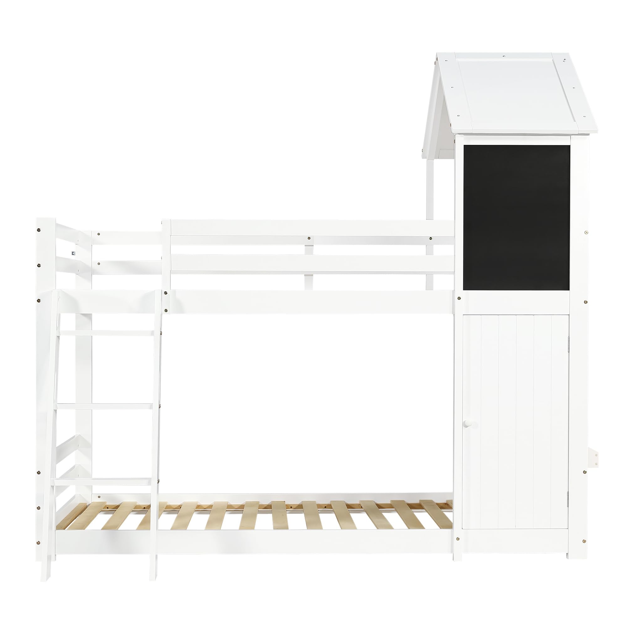 Łóżko piętrowe, łóżko piętrowe, 90 x 200 cm, białe, lite drewno, płyta MDF z małymi drzwiami, tablica, dach, okno, skośna rama łóżka, meble do spania do pokoju młodzieżowego, pokoju gościnnego (bez